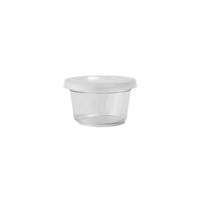 A 25ml recyclable PP sauce tub & lid.