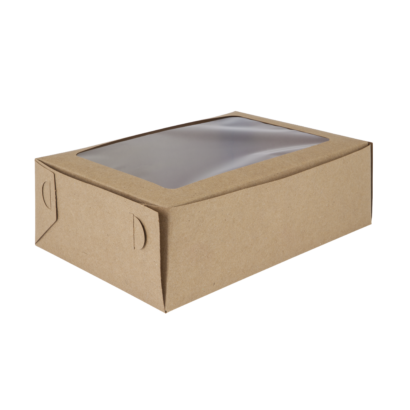 A brown sustainable kraft cake box with with a transparent window on the lid, allowing a view of the contents inside.