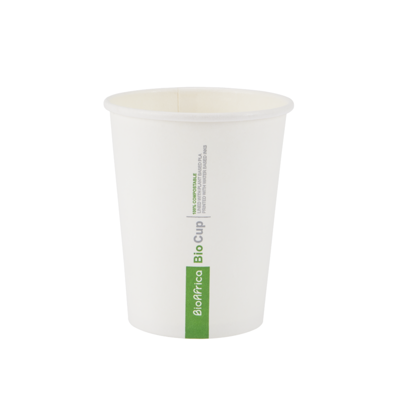 A white 250ml compostable coffee cup.