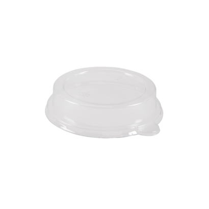 A 350ml clear recyclable PET bio bowl top hat lid.