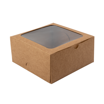 A brown cake box with a fold-over tab closure and a minimalist, eco-friendly design.