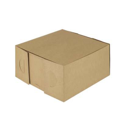 A biodegradable brown cake box with a secure tab closure on the front, suitable for sustainable food packaging.