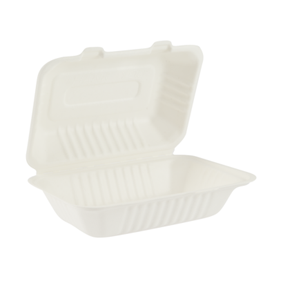 A 1000ml white sustainable bagasse clamshell.