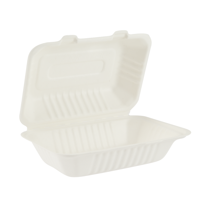 A 1000ml white sustainable bagasse clamshell.