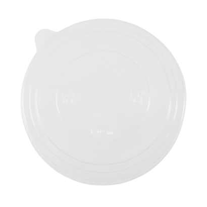 A multi-size clear recyclable PET salad bowl lid.