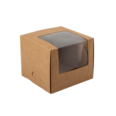 A single Kraft recyclable cupcake box with a clear window.