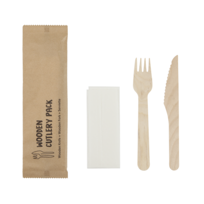 A 16cm birchwood compostable cutlery set with a napkin.