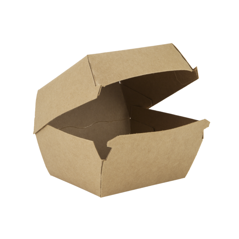 A 450ml brown kraft recyclable paper burger box.