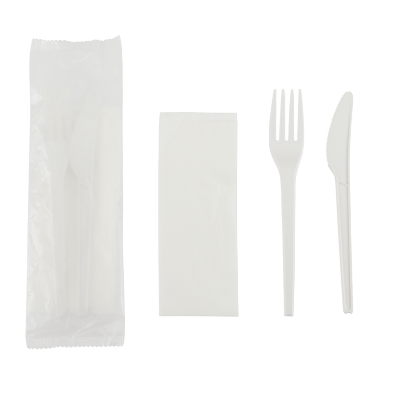 A 16cm Plant-Based birchwood compostable cutlery set with a napkin.